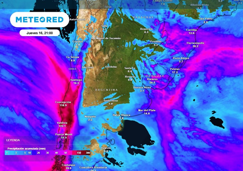 Precipitación acumulada Precipitación acumulada hasta la noche del jueves 16 desde el norte patagómico hasta el norte de Argentina