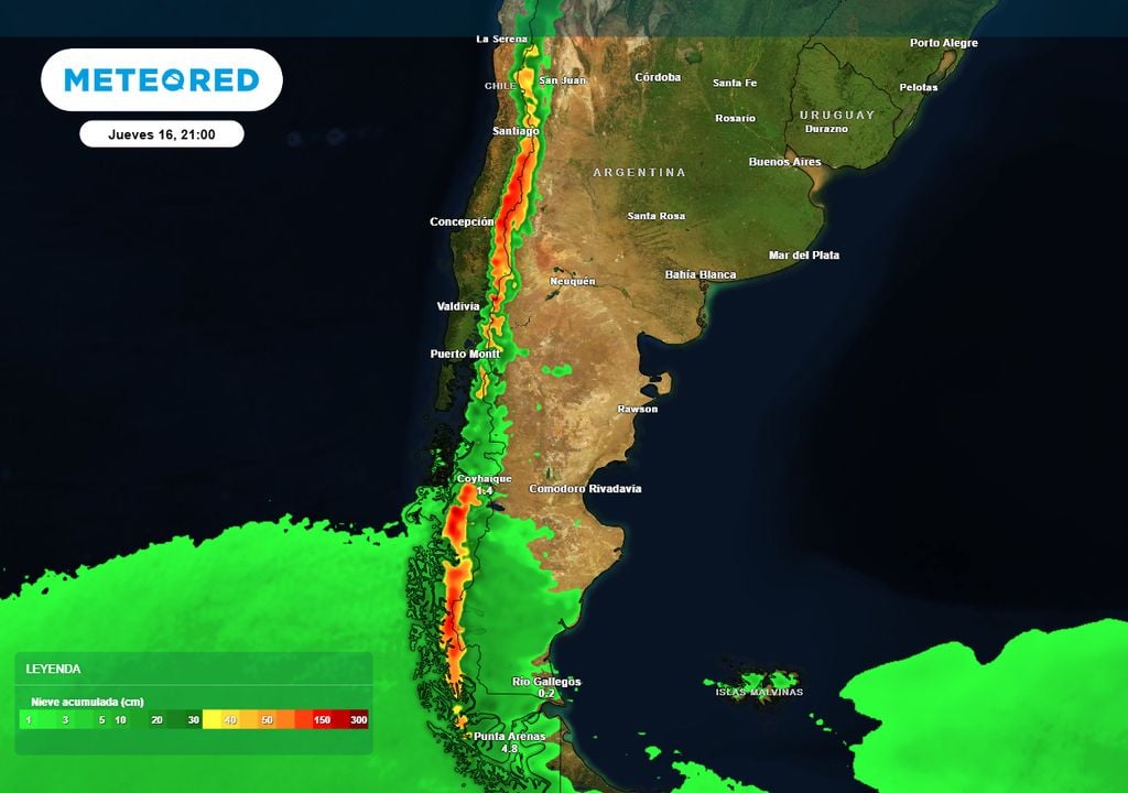Nieve acumulada Pronóstico de nieve acumulada entre el sur patagónico y elnorte de cuyo hasya el jueves a la noche