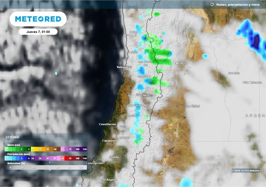 Las últimas precipitaciones del sistema frontal se concentran durante la madrugada del jueves en sectores interiores y precordilleranos.