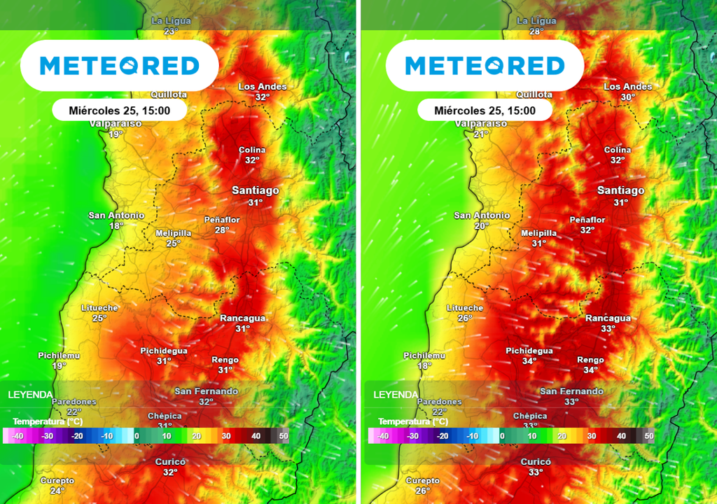 Modelo norteamericano GFS (imagen derecha) proyecta valores ligeramente más elevados en la Región Metropolitana este miércoles.