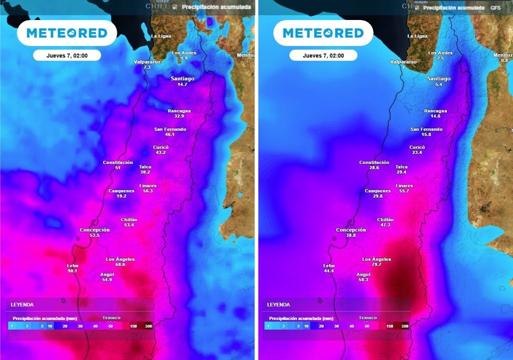 Acumulados de precipitación previstos por ECMWF y GFS evidencian discrepancias en intensidad, con una señal más robusta en el centro-norte según ECMWF.