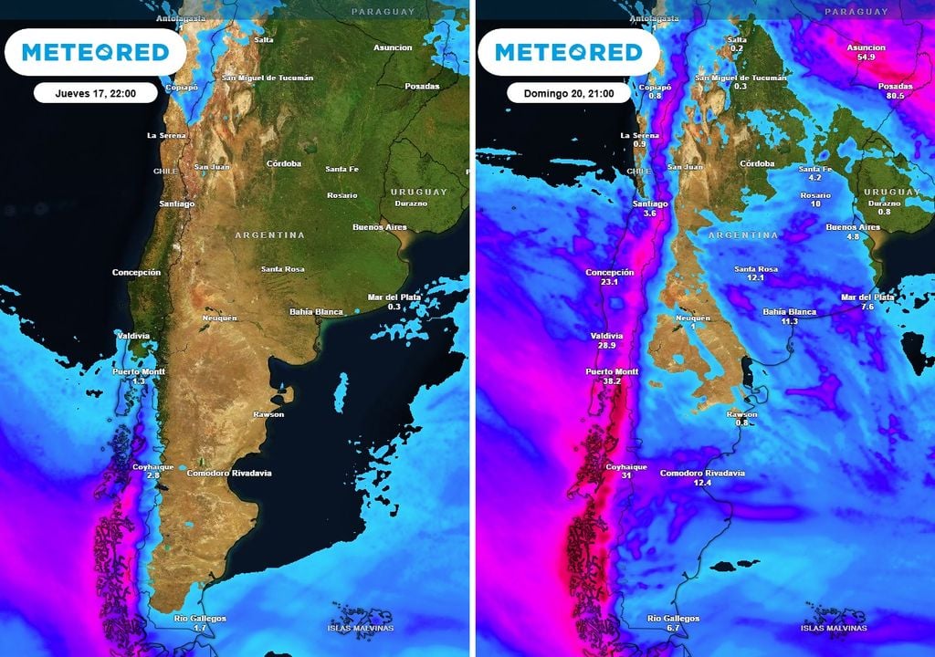 Contraste de lluvias La imagen muestra el acumulado de precipitaciones hasta el jueves inclusive (izquierda) y cómo será el acumulado final al terminar el fin de semana.