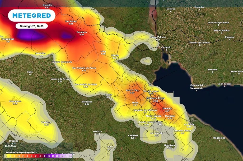 Mapa densidad de rayos El mapa de densidad de rayos por km2 de Meteored, indica la llegada de las tormentas en la tarde del domingo... ¡para tener en cuenta!