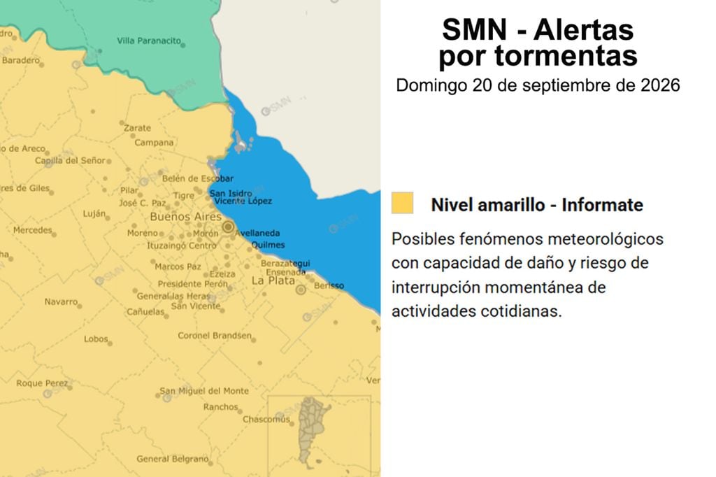 Alerta por tormentas Alerta oficial de SMN por tormentas para la tade del domingo. Todo el AMBA bajo alerta amarilla.