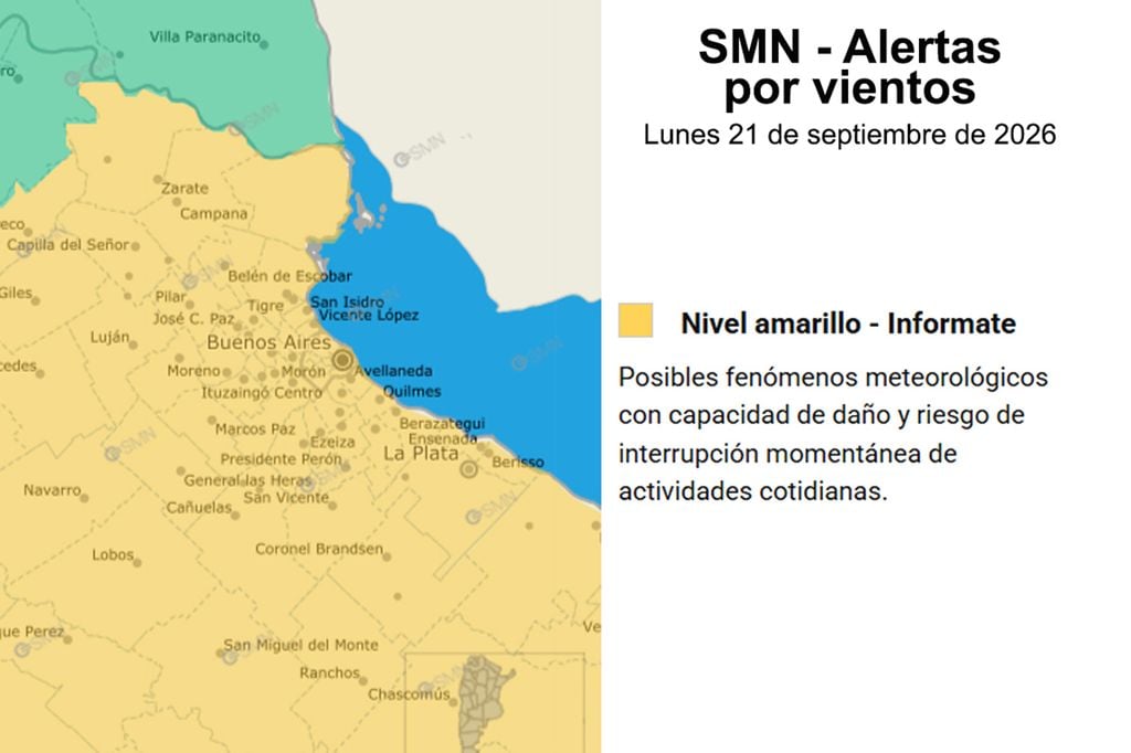 Alerta vientos El SMN emitió una alerta por vientos con ráfagas para la mañana y la tarde del lunes: la intensidad máxima puede alcanzar los 70 km/h