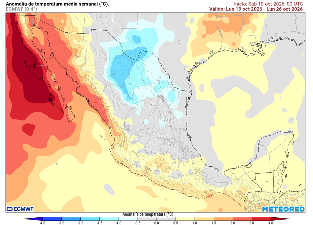Anomalía de temperaturas en grados Celsius En próximas dos semanas, el aire frío irá extendiéndose de norte a centro de México resaltando estados del interior del país y frontera con Estados Unidos.
