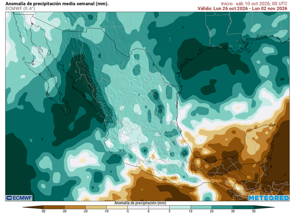 Anomalía de precipitaciones en milímetros Las lluvias van a continuar periódicamente en México próximas 2 semanas por ciclones tropicales y frentes fríos activos, beneficiando bosques y cuerpos de agua.