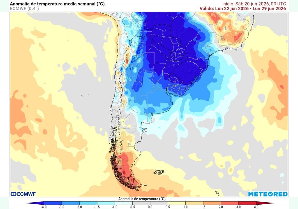 Anomalías de temperaturas Mapa de anomalías de temperatura media semanal previstas para la semana del 22 al 29 de junio de 2026, de acuerdo al modelo de referencia de Meteored, el ECMWF