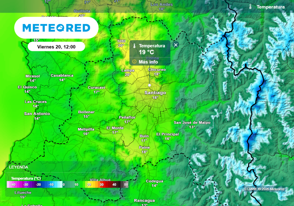 Bajón térmico: las máximas se movería cercanas a los 19 °C en horas cercanas al mediodía, según ECMWF.