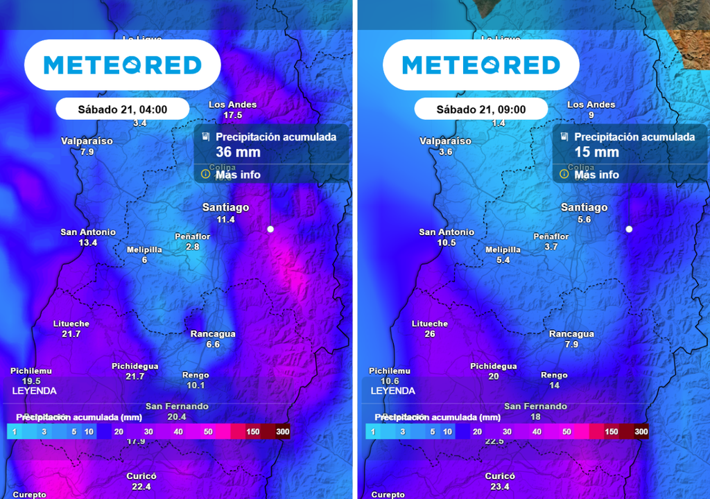 Modelos ECMWF y GFS indican los registros acumulados más elevados en zonas de la cordillera y precordillera metropolitana.