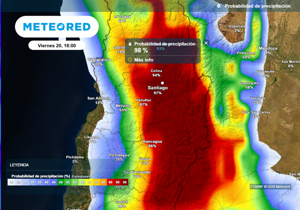 Alta probabilidad de precipitaciones en Santiago y la Región Metropolitana según el ECMWF.