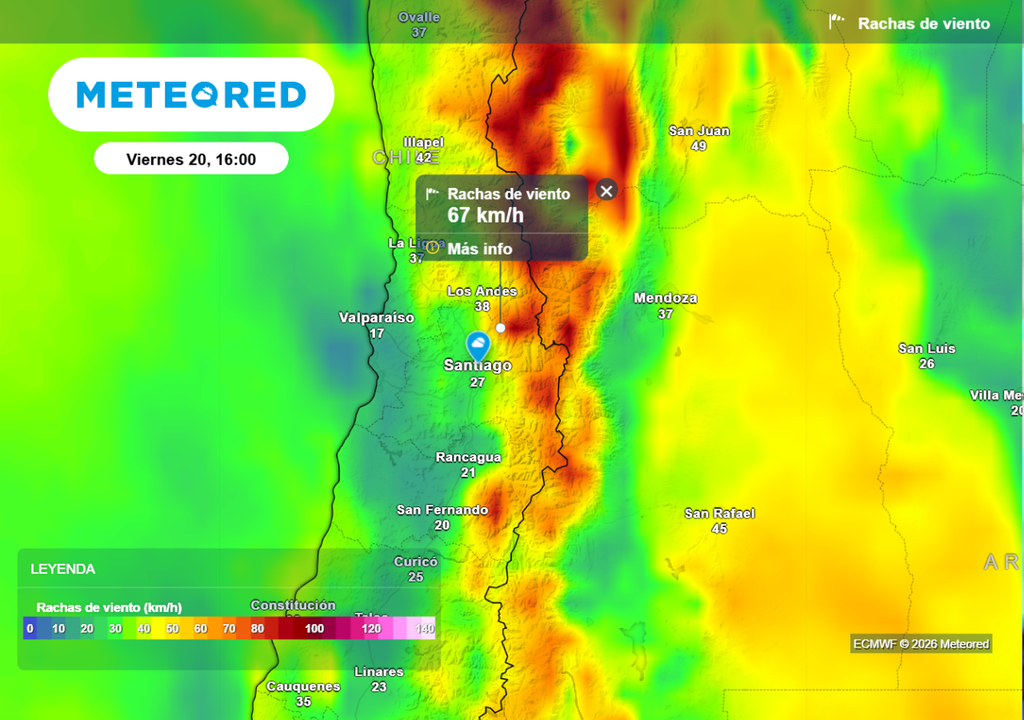 Las rachas de viento tendrán un incremento significativo este viernes, pero principalmente acotadas en zonas cordilleranas.