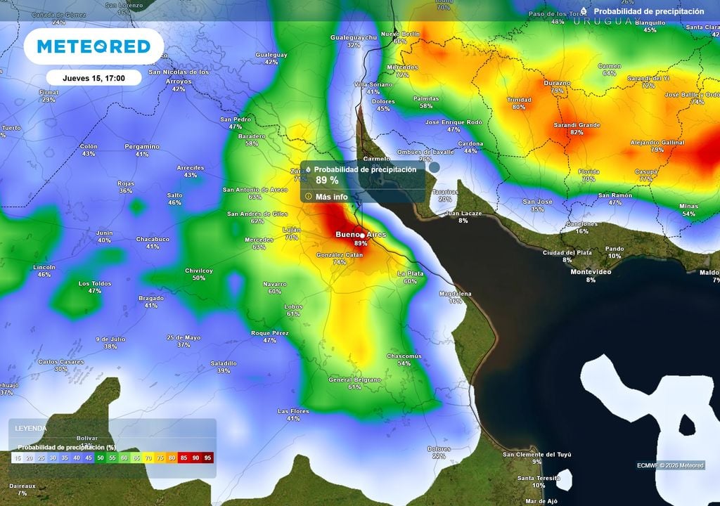 Probabilidad de precipitación en AMBA el jueves 15 de Octubre a las 17 h, según el modelo ECMWF.