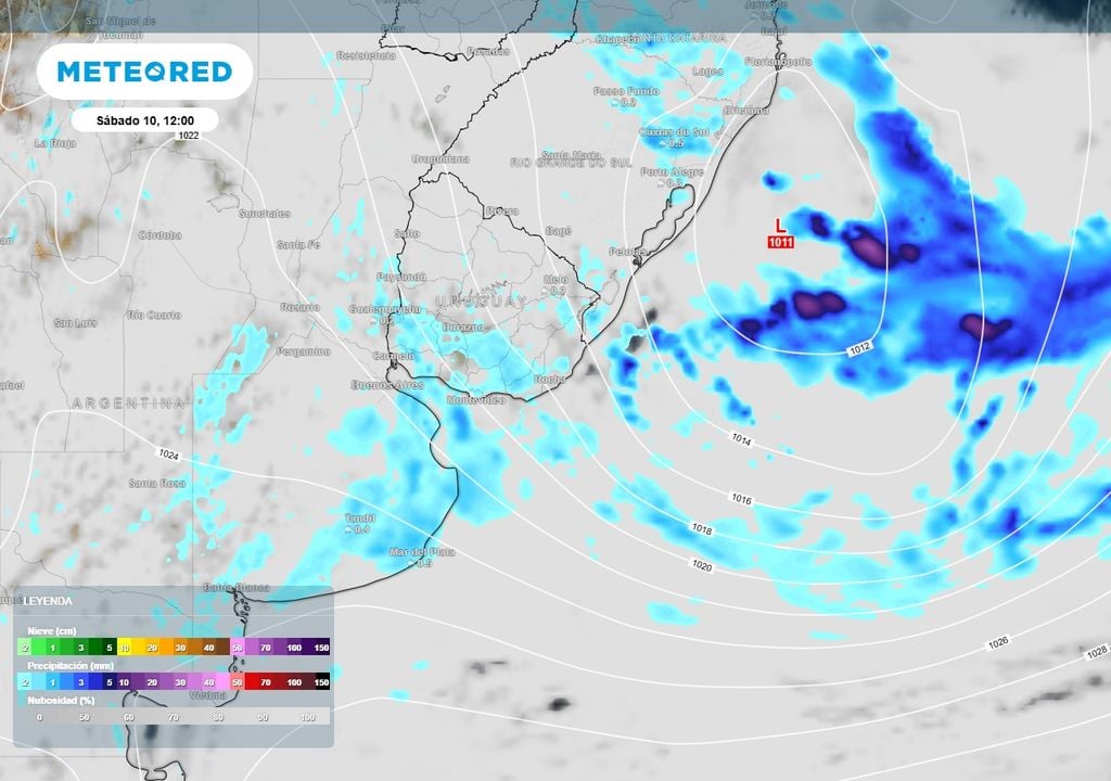 nubes, precipitación y nieve Mapa que muestra la configuración atmosférica en el mediodía del sábado 10 sobre el este de la provincia de Buenos Aires: viento del sudeste, precipitaciones intermitentes y nubosidad abundante