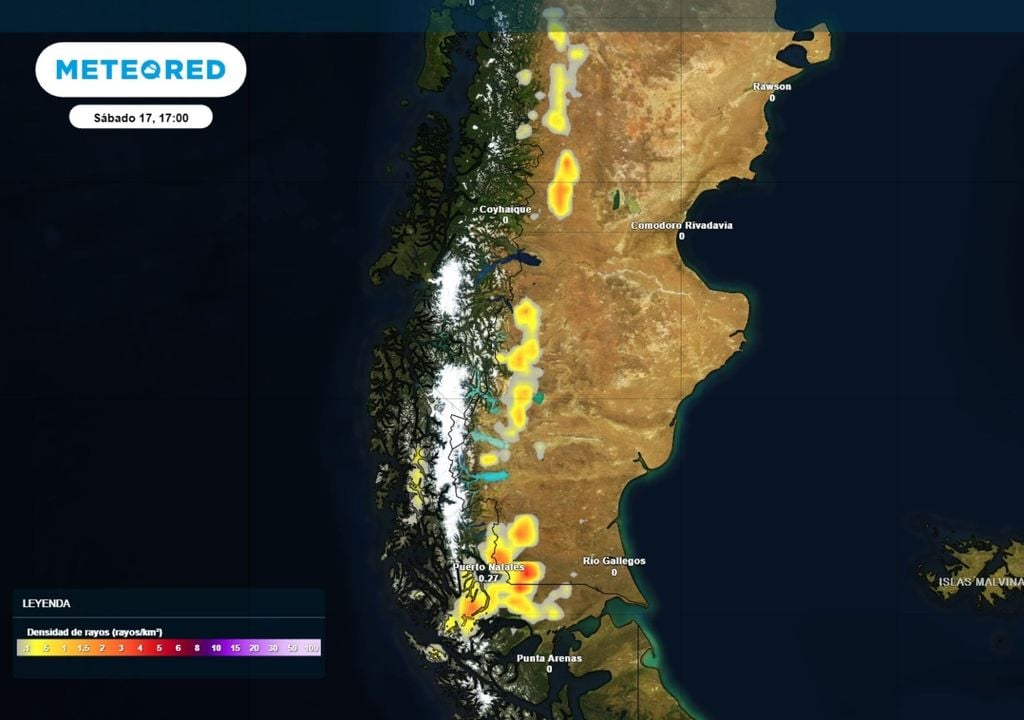 Rayos Densidad de rayos en en sur del país