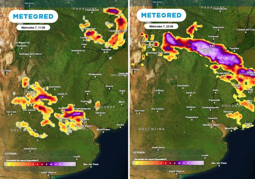 Densidad de rayos Mapa de densidad de rayos a las 11 AM del miércoles 7 (izq.), y a las 10 PM (der.) marcando la posición y el avance de las tormentas