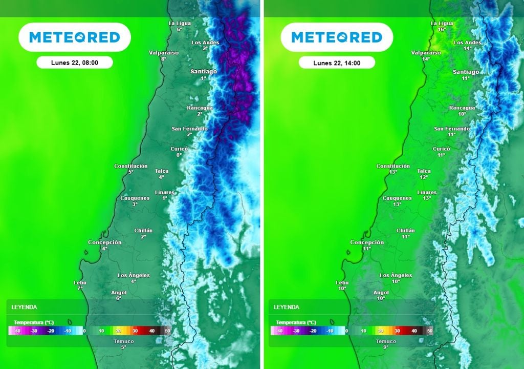 Temperaturas mínimas y máximas durante el día lunes 22. Mínimas cercanas a los 0 °C y máximas de apenas 13 °C.