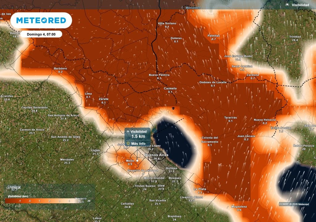 Visibilidad Domingo 4 de Octubre a las 7 h. Visibilidad según el modelo ECMWF para el Domingo 4 de Octubre a las 7 h en Buenos Aires.
