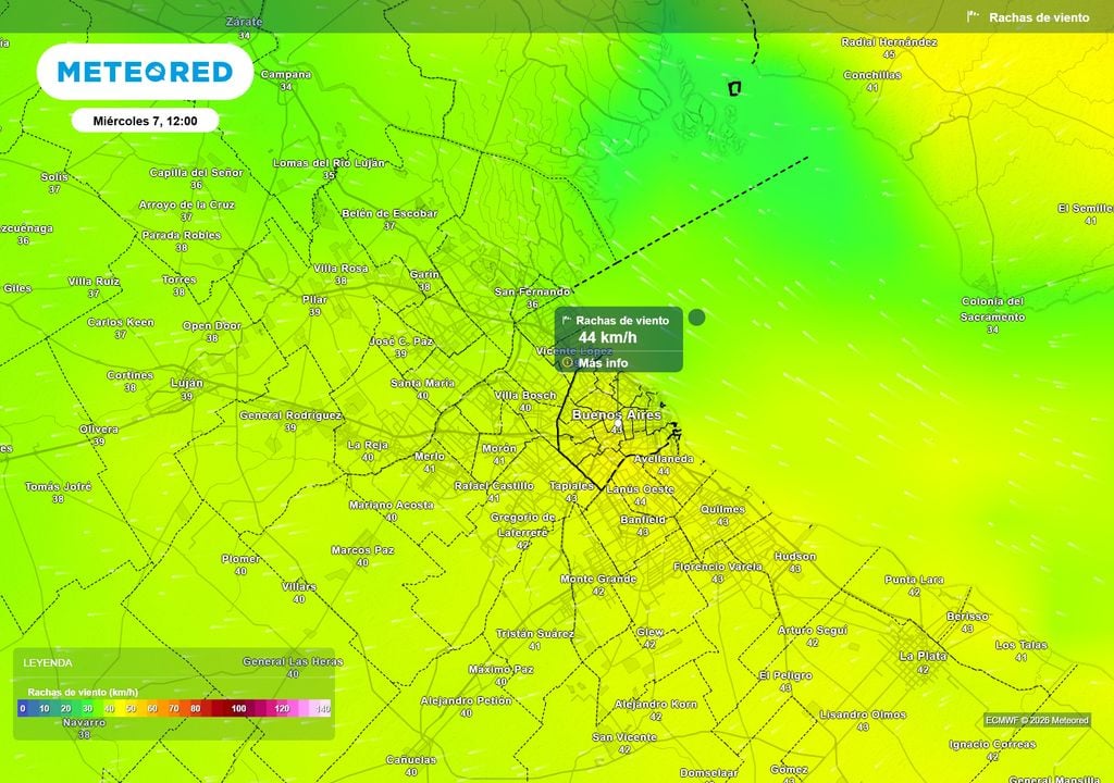 Ráfagas de viento Miércoles 7 de Octubre a las 12 h. Rafagas de viento en superficie para el día Miércoles 7 de Octubre a las 12 h, según el modelo ECMWF.