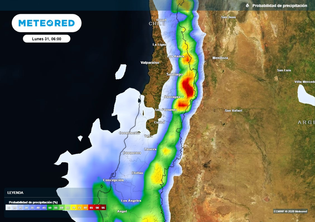 Este lunes en la madrugada persiste la probabilidad de precipitaciones en la precordillera y cordillera entre Valparaíso y O'Higgins, sumado a más lluvias en la Región del Biobío hasta horas de la tarde.