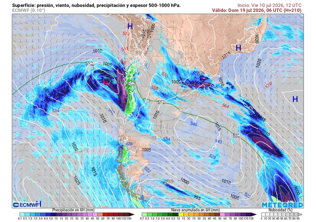 carta de presión en superficie y precipitaciones (ECMWF) El modelo ECMWF proyecta el arribo de un tercer sistema frontal para el sábado, pudiendo extenderse hasta el domingo.