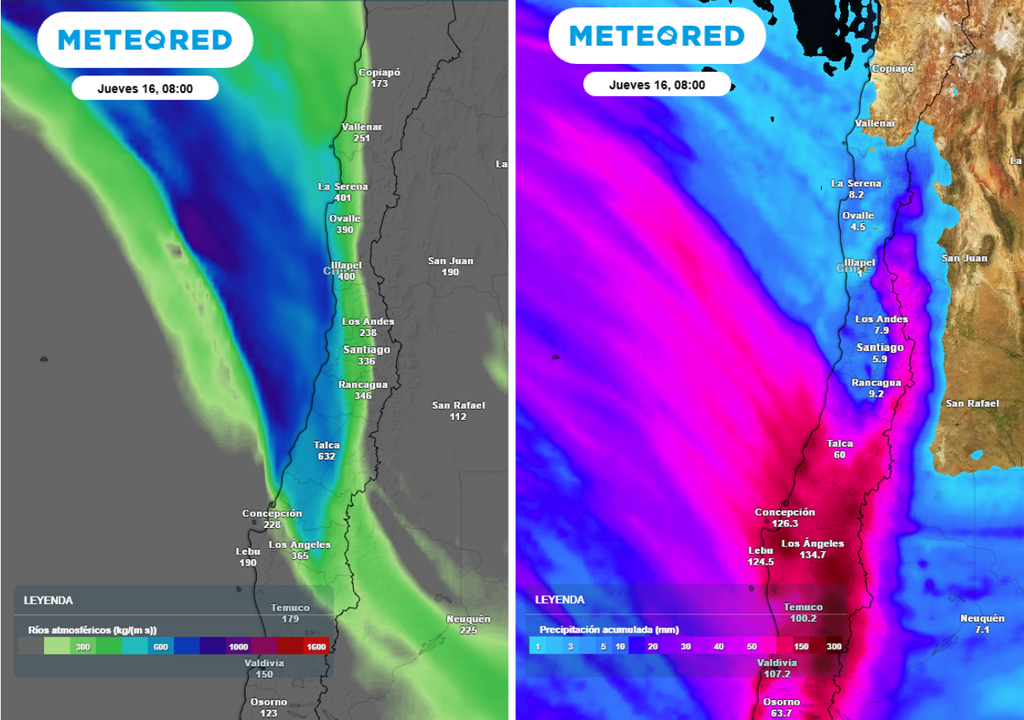 mapas de río atmosférico y precipitación acumulada Este jueves impactaría un río atmosférico sobre la zona central, dejando importantes acumulados de agua entre la Región de O'Higgins y Coquimbo.