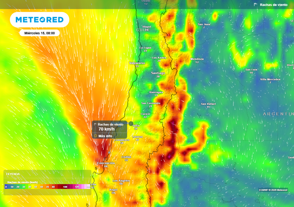 mapa de rachas de viento Los vientos se intensificarán en la costa durante el miércoles: las rachas podrían alcanzar los 70 km/h.
