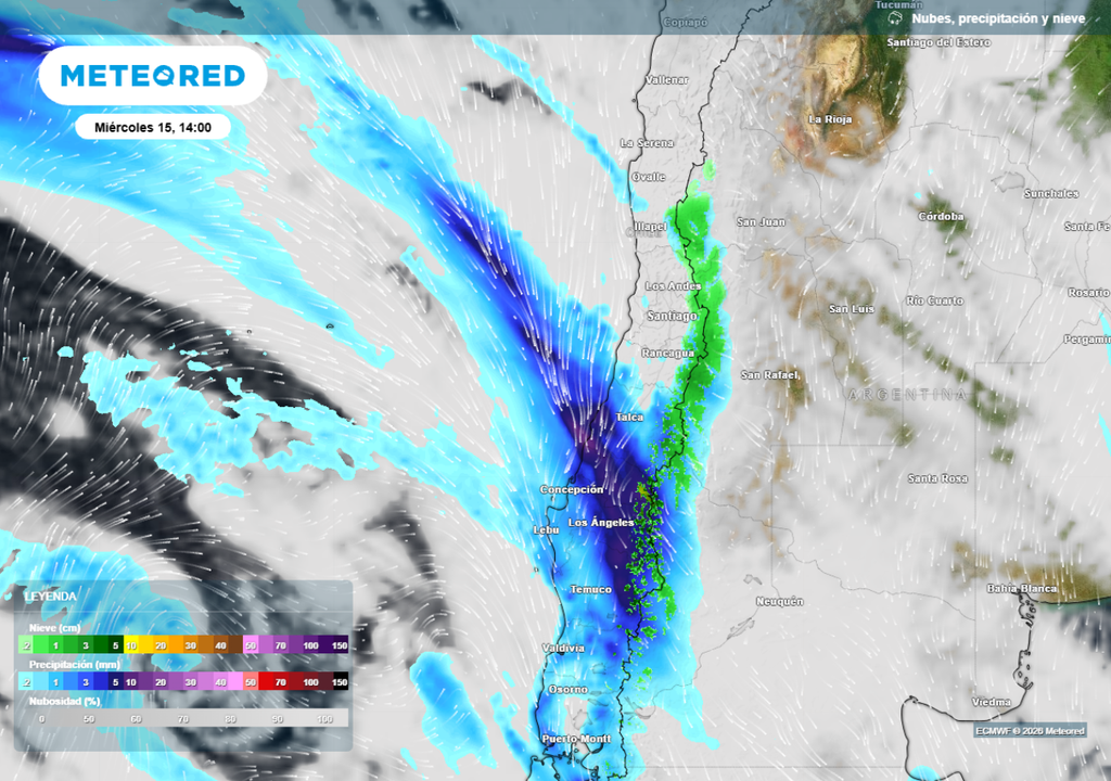 mapa de precipitaciones Este miércoles se intensificarían las precipitaciones entre el Maule y Biobío debido al paso de un sistema frontal.