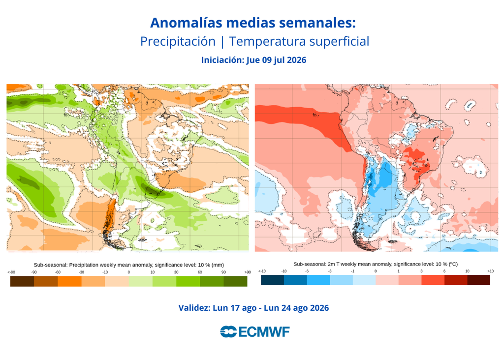 mapas de anomalías medias semanales - ECMWF Esta semana tendremos una condición más seca para la zona central, mientras que podrían aumentar las temperaturas en las tardes dado el régimen anticiclónico.