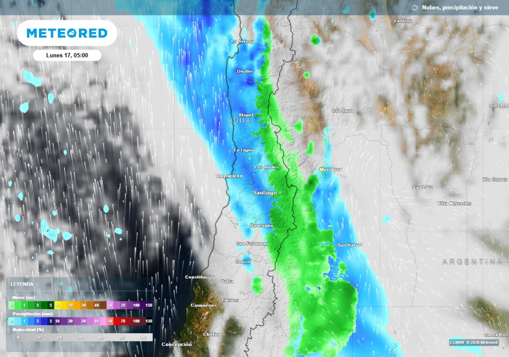 mapa de precipitaciones Este lunes, los chubascos se concentrarán entre la zona del Norte Chico y entre Valparaíso y O'Higgins.