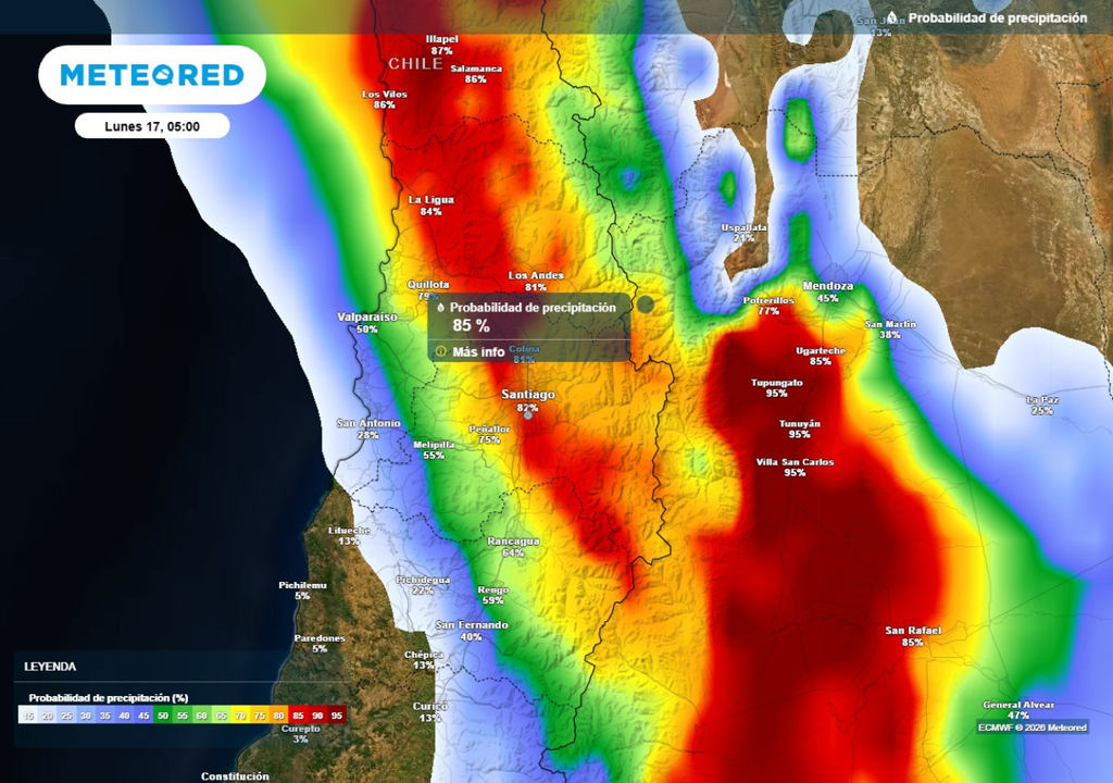 mapa de probabilidades La mayor probabilidad de precipitaciones se presentará en zonas interiores y precordilleranas de Valparaíso y Metropolitana.