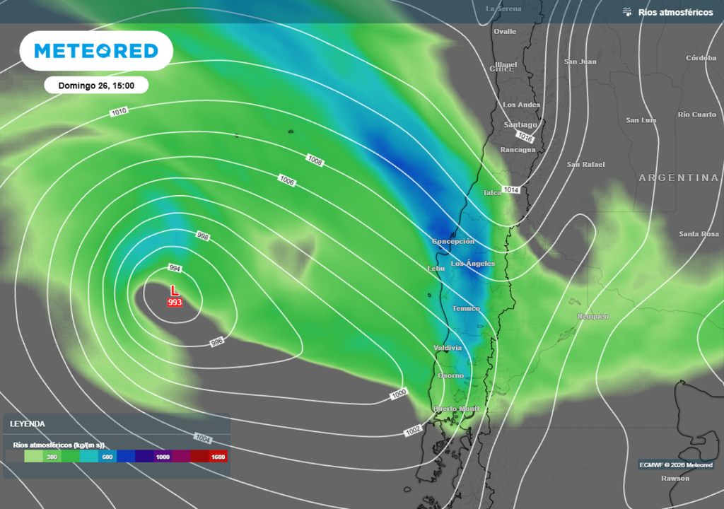 mapa de río atmosférico Este domingo arribará un río atmosférico categoría 2 a la zona central, lo que aportará precipitaciones más relevantes en precordillera y cordillera.