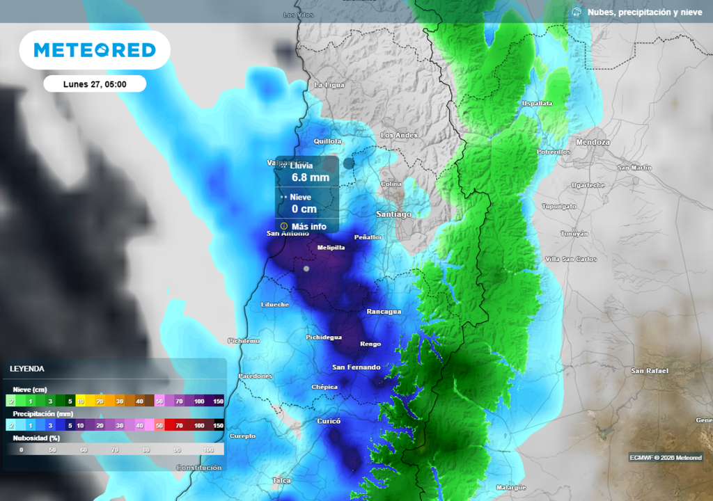 mapa de precipitación En la madrugada del lunes se sentirán los pulsos de lluvia más importantes.