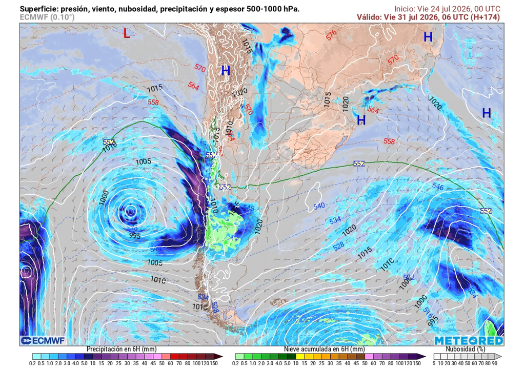 carta de presión en superficie y precipitación Este viernes volverían con fuerza las lluvias a la zona central, abarcando al menos desde Biobío a Coquimbo.