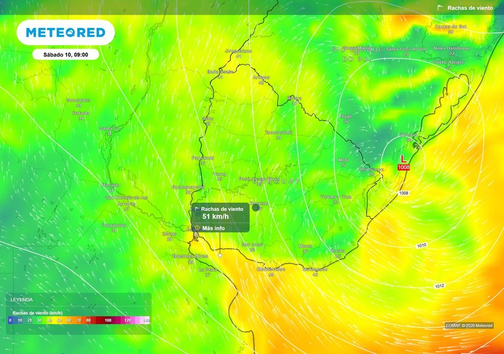 Ráfagas de viento Sábado 10 de Octubre 9 h. Ráfagas de viento para el ábado 10 de Octubre 9 h, según el modelo ECMWF.