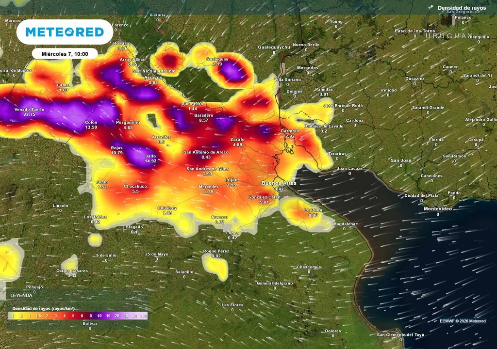 Densidad de rayos Miércoles 7 de Octubre a las 10 h. Según nuestro modelo de confianza, las tormentas podrían afectar AMBA en la primera mitad del miércoles 7.