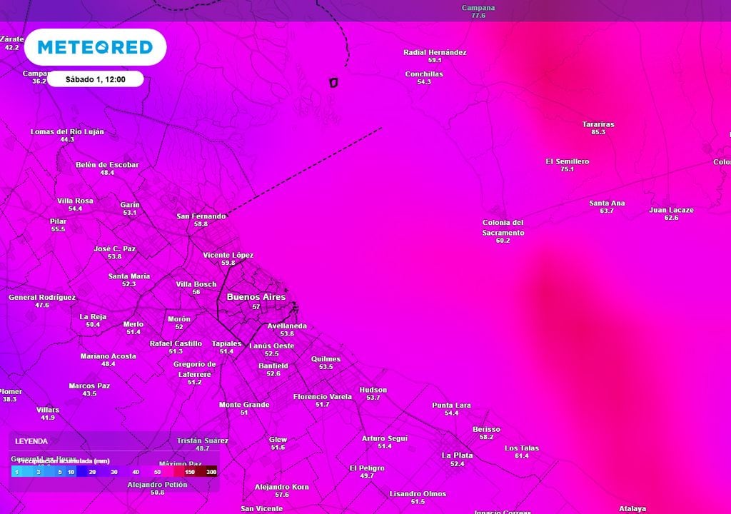 Mapa lluvias El período más crítico para navegar abarca desde el viernes hasta el mediodía del sábado, cuando las condiciones mejoran de manera sensible. El mapa muestra los acumulados de precipitación hasta ese momento.