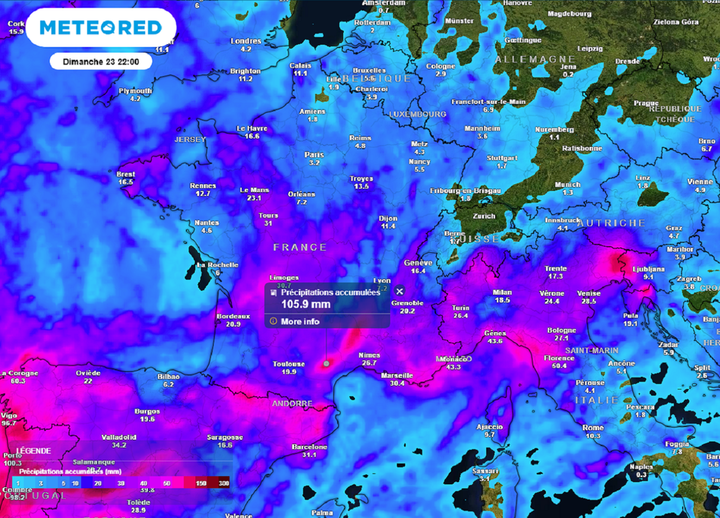 D'ici ce week-end, il tombera localement plus de 100 mm de pluie entre le Languedoc et le Roussillon (modèle ECMWF). D'ici ce week-end, il tombera localement plus de 100 mm de pluie entre le Languedoc et le Roussillon (modèle ECMWF).