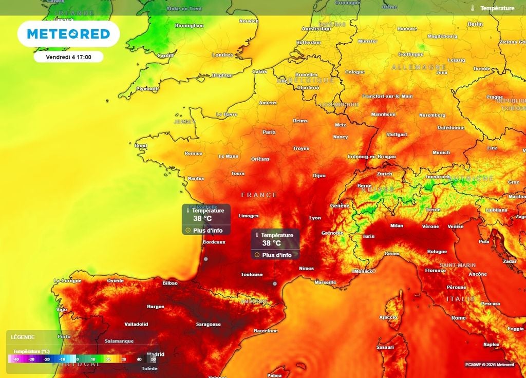 Des températures de 35 à 38°C sont prévues dans la moitié sud le vendredi 4 septembre Des températures de 35 à 38°C sont prévues dans la moitié sud le vendredi 4 septembre