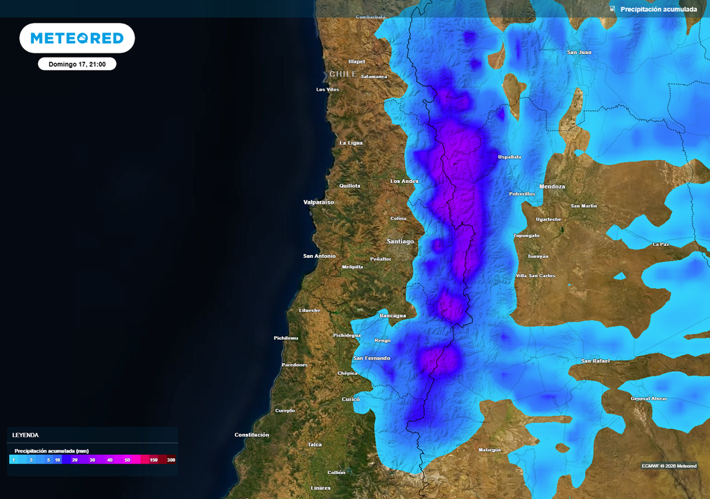 Lluvias acumuladas sobre la zona central Nieve en cordillera y lluvia en precordillera. Además de la zona central, el tramos austral de Chile seguirá recibiendo precipitaciones.
