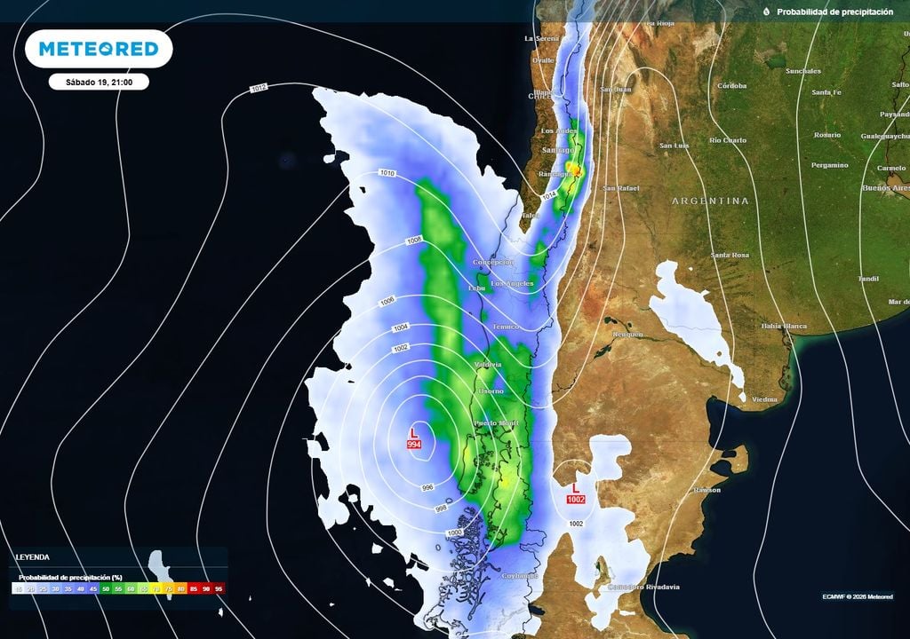 probabilidad de precipitación prevista Las lluvias llegarán en la noche del sábado 19 de septiembre a varias regiones del centro y sur de Chile.