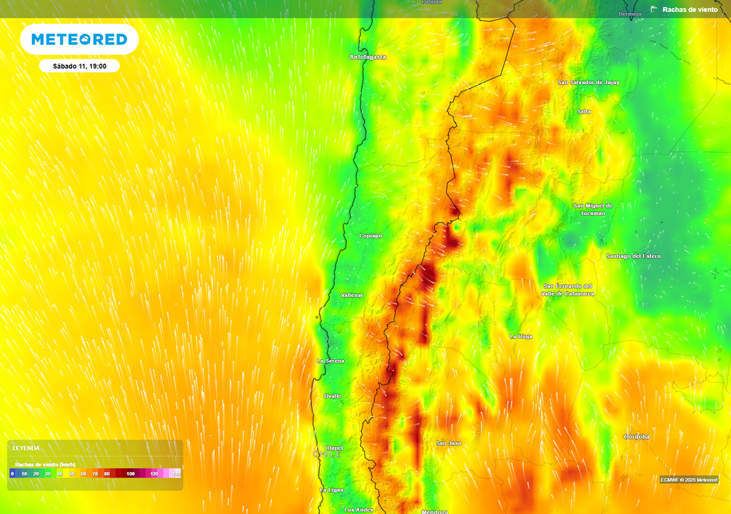 vientos intensos sobre el norte de Chile