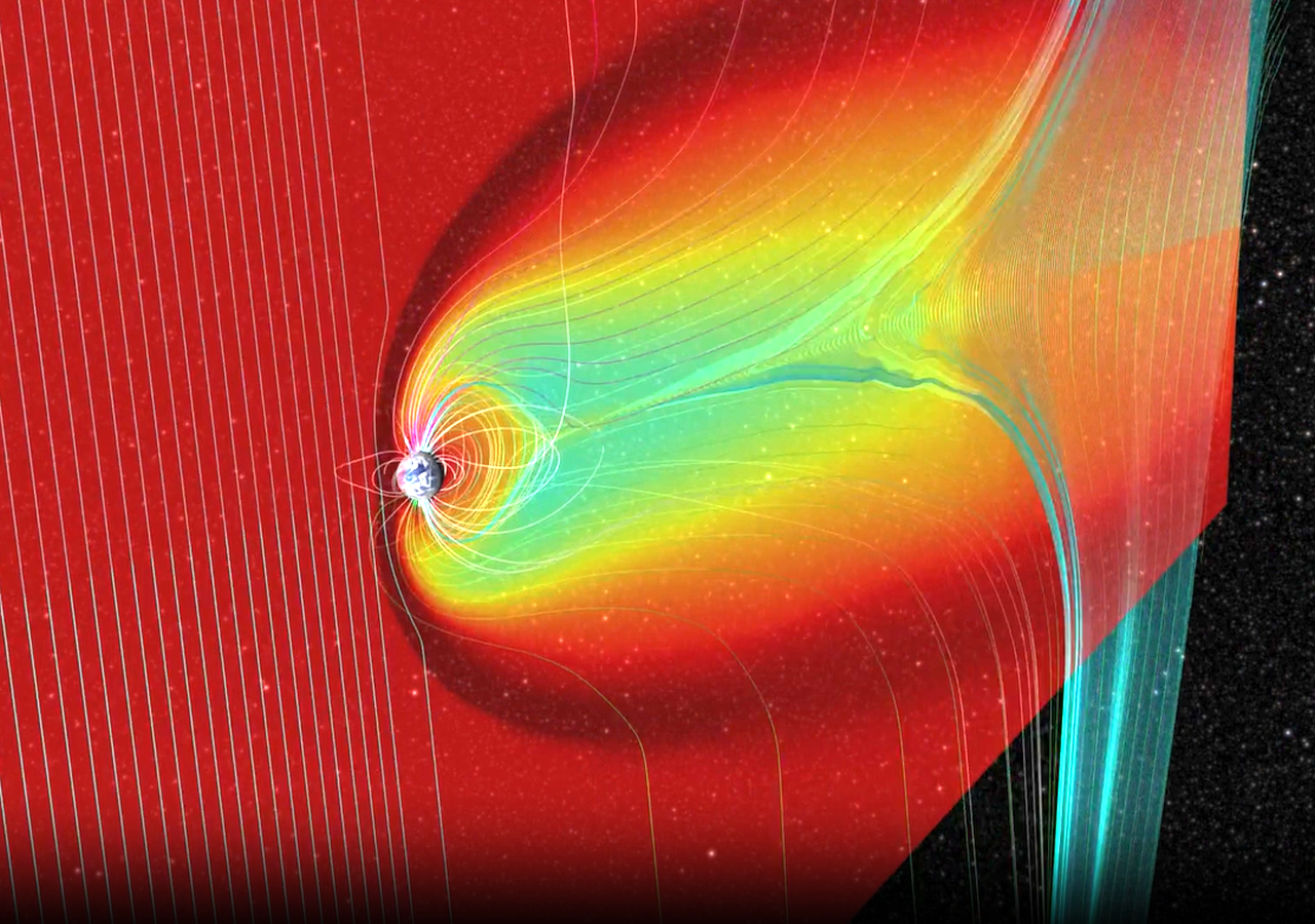 Captura de pantalla en una imagen de la secuencia de la Tierra durante una poderosa tormenta solar. Crédito de la imagen y del video: SVS , SWRC , CCMC , SWMF de la NASA ; T. Bridgeman et al.