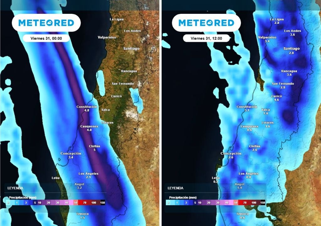 Se observa como el frente avanza hacia el centro norte durante la madrugada del viernes, dejando precipitaciones continuas todo el día.