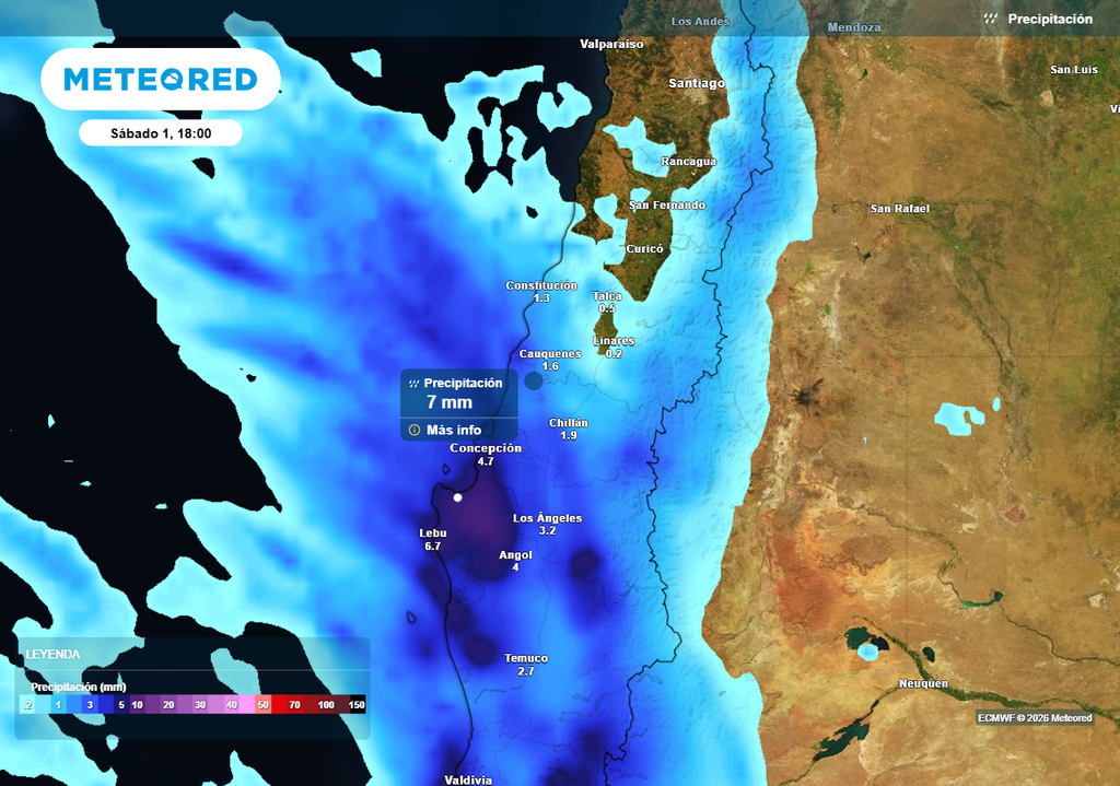 Durante el día sábado podrían haber tasas de precipitación de hasta 7 mm por hora, siendo precipitaciones intensas en corto período de tiempo.