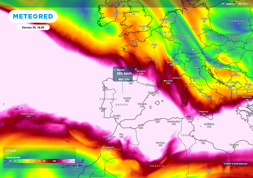 El chorro polar circulará a velocidades superiores a 250 km/h sobre la península Ibérica.