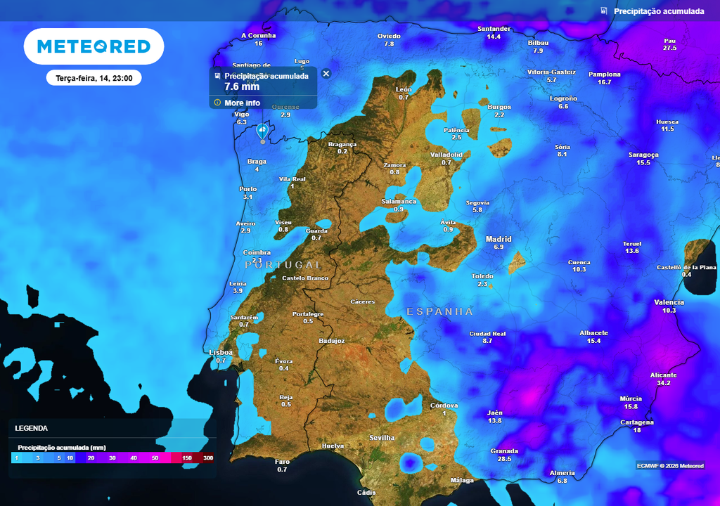 Na segunda e terça-feira, dias 13 e 14 de abril, choverá de forma fraca, dispersa e muito irregular em 9 distritos de Portugal continental, sendo eles: Viana do Castelo, Braga, Porto, Vila Real, Aveiro, Viseu, Coimbra, Leiria e Lisboa. Também choverá em mais distritos mas como a precipitação será residual e pouco significativa em termos espaciais e quantitativos, não foram incluídos na análise.