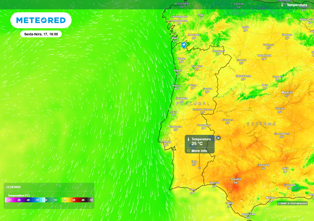 Para sexta-feira, 17 de abril, prevê-se o dia mais quente da próxima semana em termos de área geográfica abrangida (não incluindo o fim de semana na análise), com alguns locais a sul do Mondego a registarem temperaturas máximas de 25 ºC.