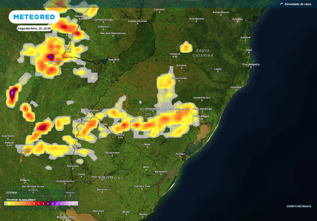 Previsão de tempestades ao longo da segunda-feira (15), de acordo com o ECMWF. Previsão de tempestades ao longo da segunda-feira (15), de acordo com o ECMWF.