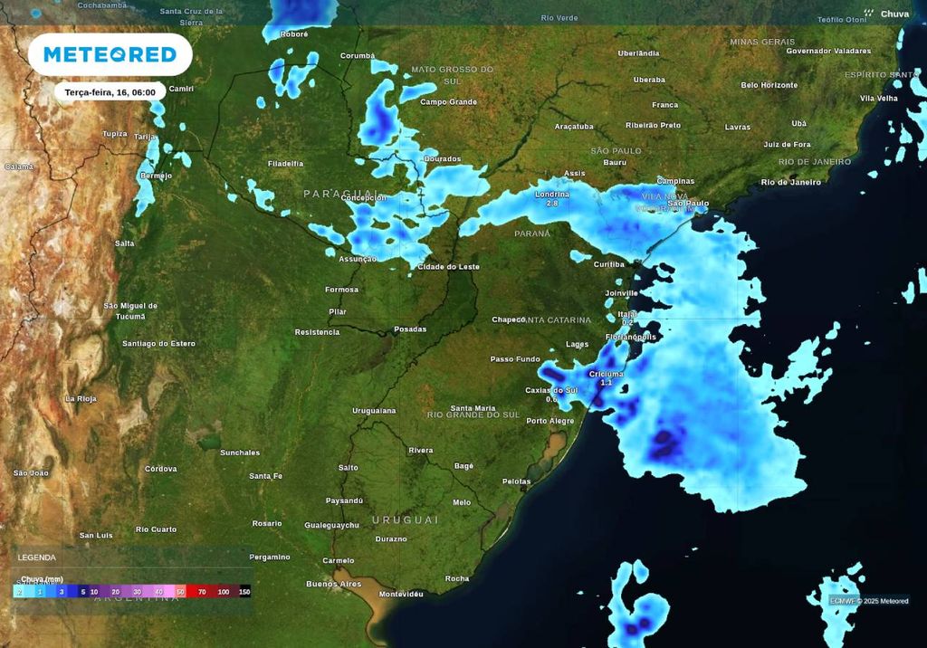 Previsão de chuva na próxima terça-feira (16), de acordo com o ECMWF. Previsão de chuva na próxima terça-feira (16), de acordo com o ECMWF.